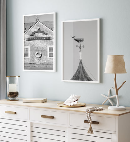Whale weathervane black and white Martha’s Vineyard photography print, weathered nautical weathervane on rooftop against grey sky, New England coastal wall art for beach house, cottage, or living room