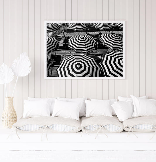 Black and White Striped Beach Umbrellas II | French Riviera Photography Print - Departures Print Shop