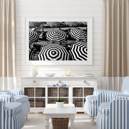 Black and White Striped Beach Umbrellas II | French Riviera Photography Print - Departures Print Shop