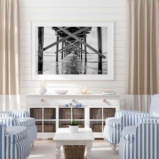 Black and White Ocean Isle Fishing Pier | Beach Photography Print - Departures Print Shop