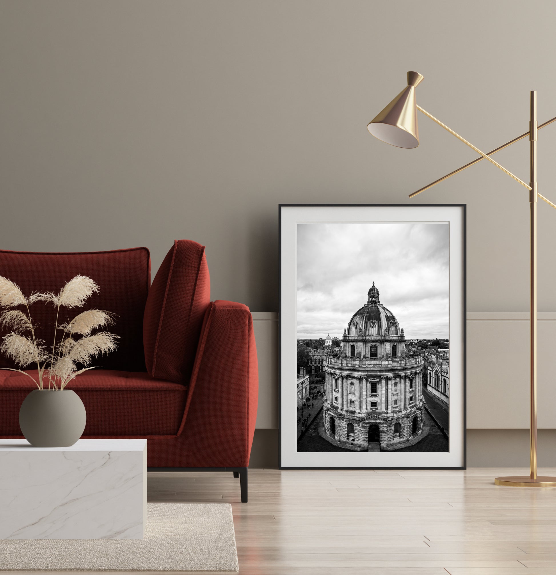 Black and white photography print of the Radcliffe Camera at Oxford University in England. Fine art architectural wall art featuring historic academic architecture.