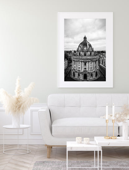 Black and white photography print of the Radcliffe Camera at Oxford University in England. Fine art architectural wall art featuring historic academic architecture.