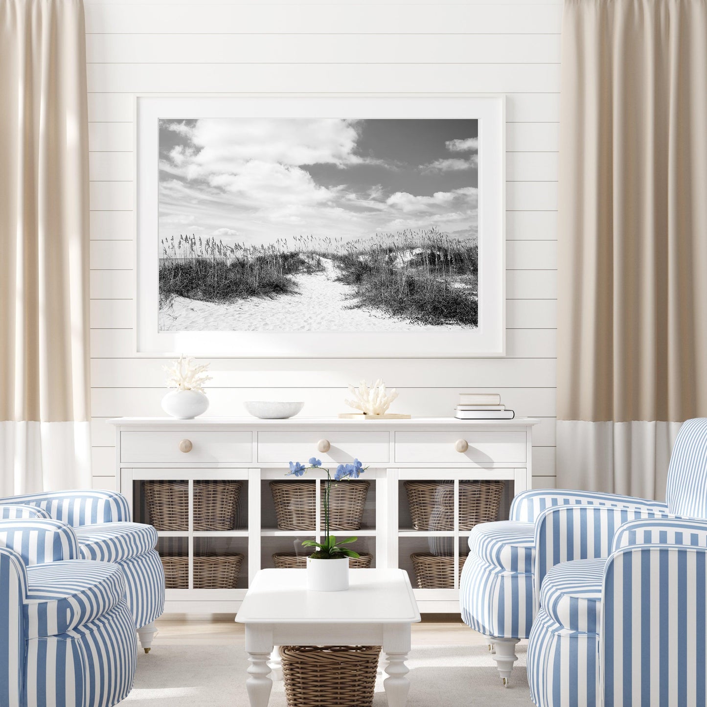 Black and White Seagrass Beach Photography Print - Departures Print Shop