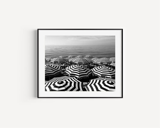 Black and White Striped Beach Umbrellas | French Riviera Photography Print - Departures Print Shop