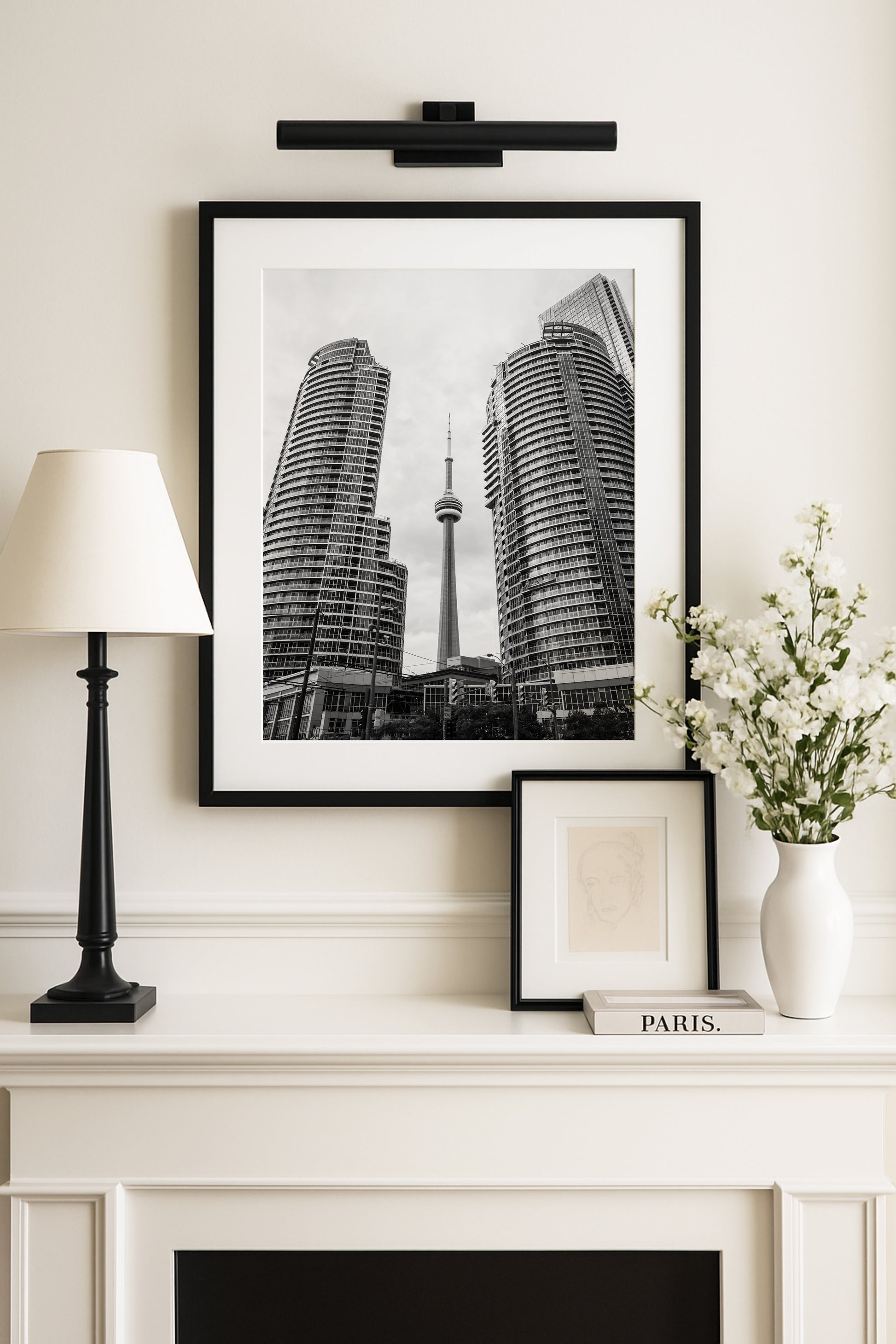 Black and white photo of Toronto CN Tower and skyline, minimalist city wall art