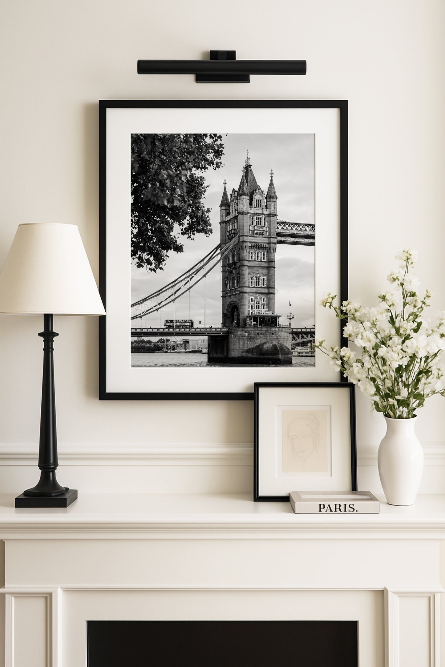 Black and white Tower Bridge print showing a European landmark in London, ideal for large wall art and living room decor