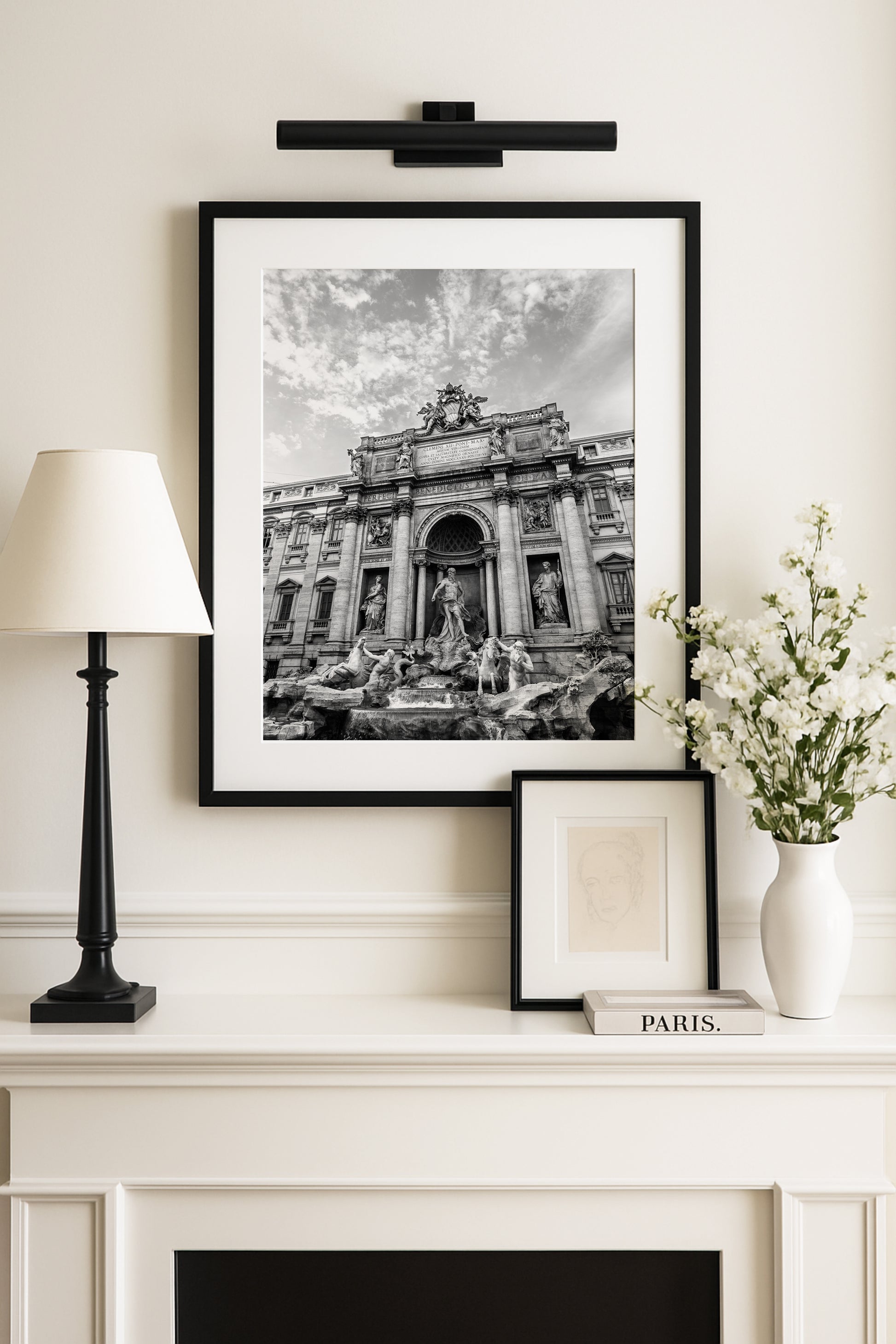 Black and white photograph of the Trevi Fountain in Rome, showcasing ornate Baroque architecture—ideal for modern Italian wall decor or travel-inspired interiors.