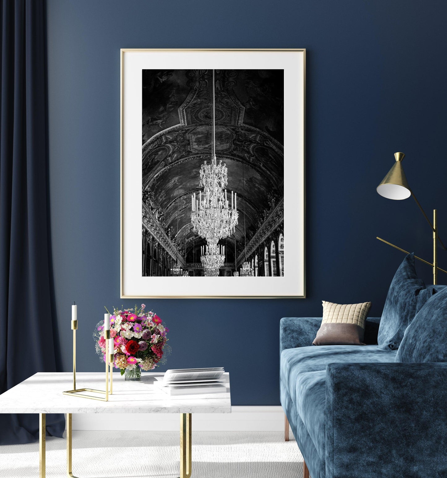 Black and White Versailles Hall of Mirrors Chandelier Photography Print II - Departures Print Shop
