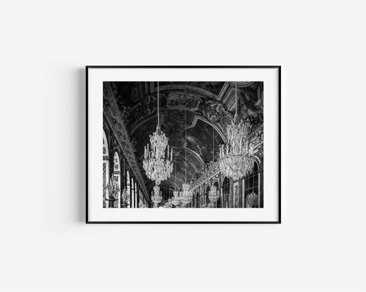 Black and White Versailles Hall of Mirrors Chandelier Photography Print III - Departures Print Shop