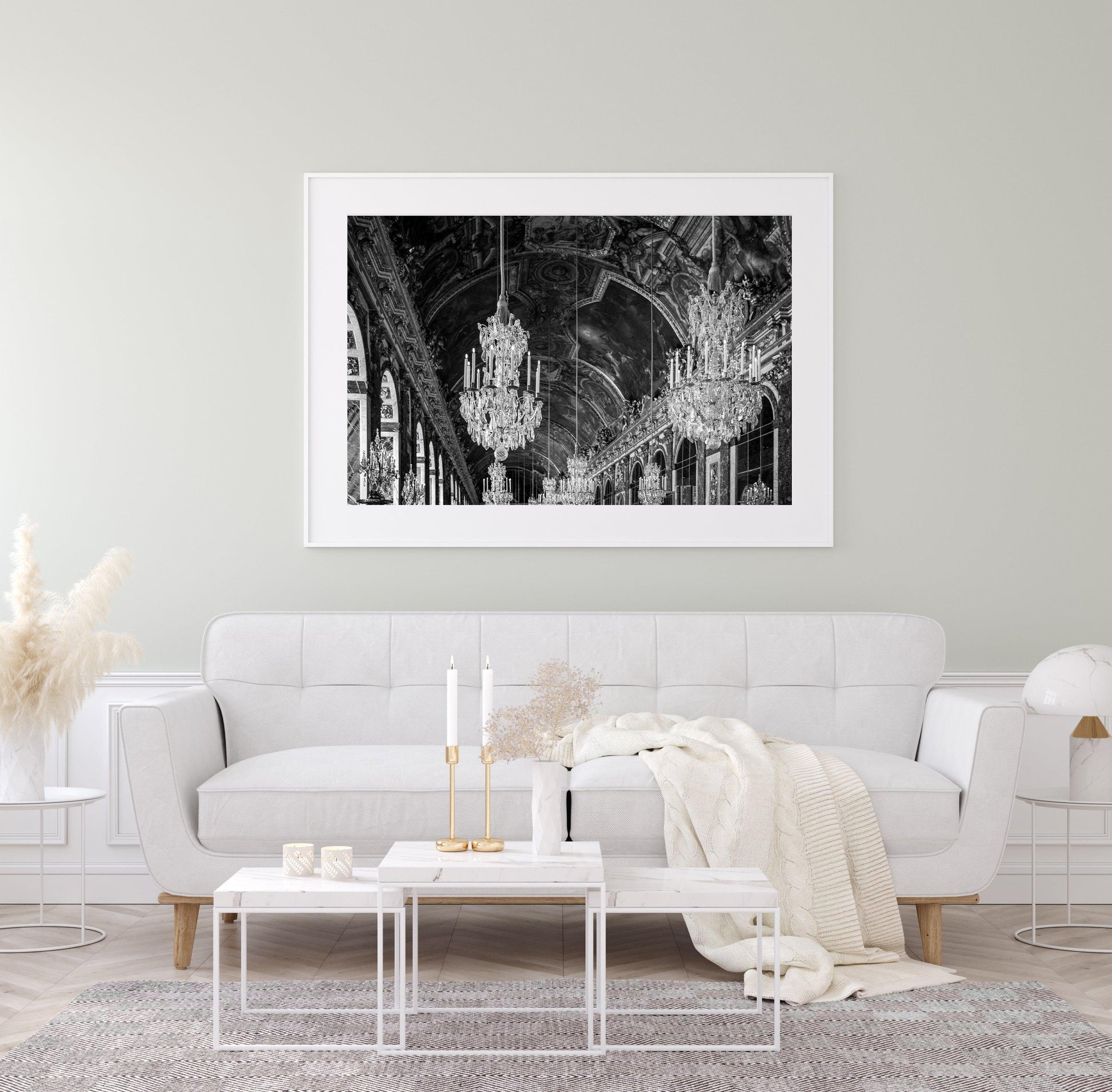 Black and White Versailles Hall of Mirrors Chandelier Photography Print III - Departures Print Shop