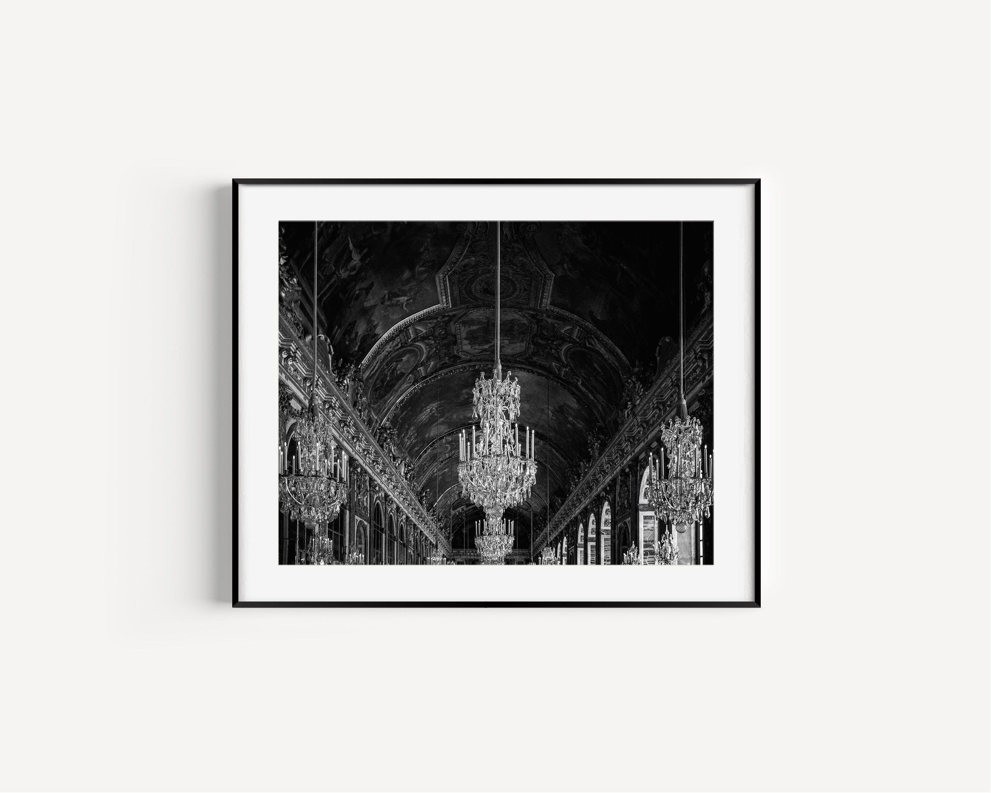 Black and White Versailles Hall of Mirrors Chandelier Photography Print - Departures Print Shop