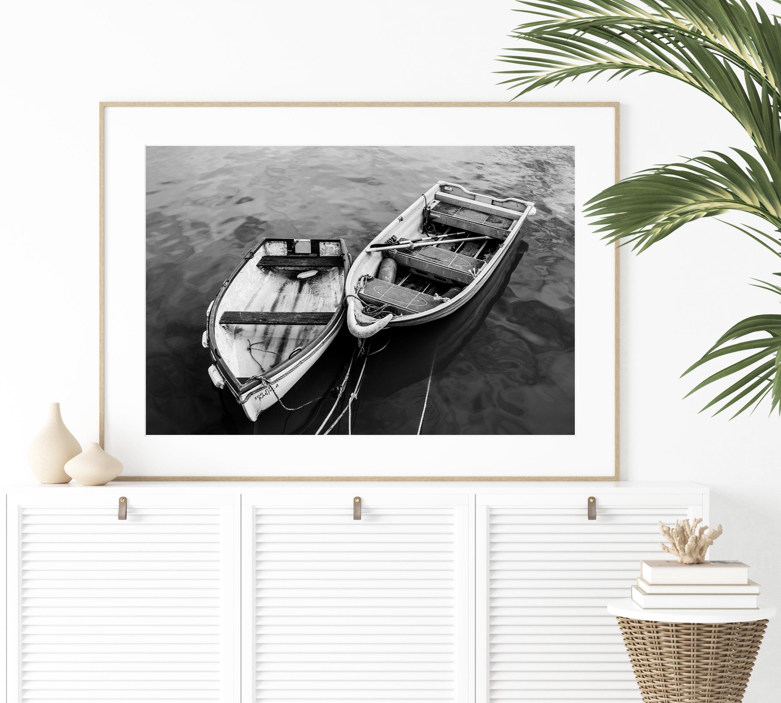Black and White Wooden Boats Print - Departures Print Shop