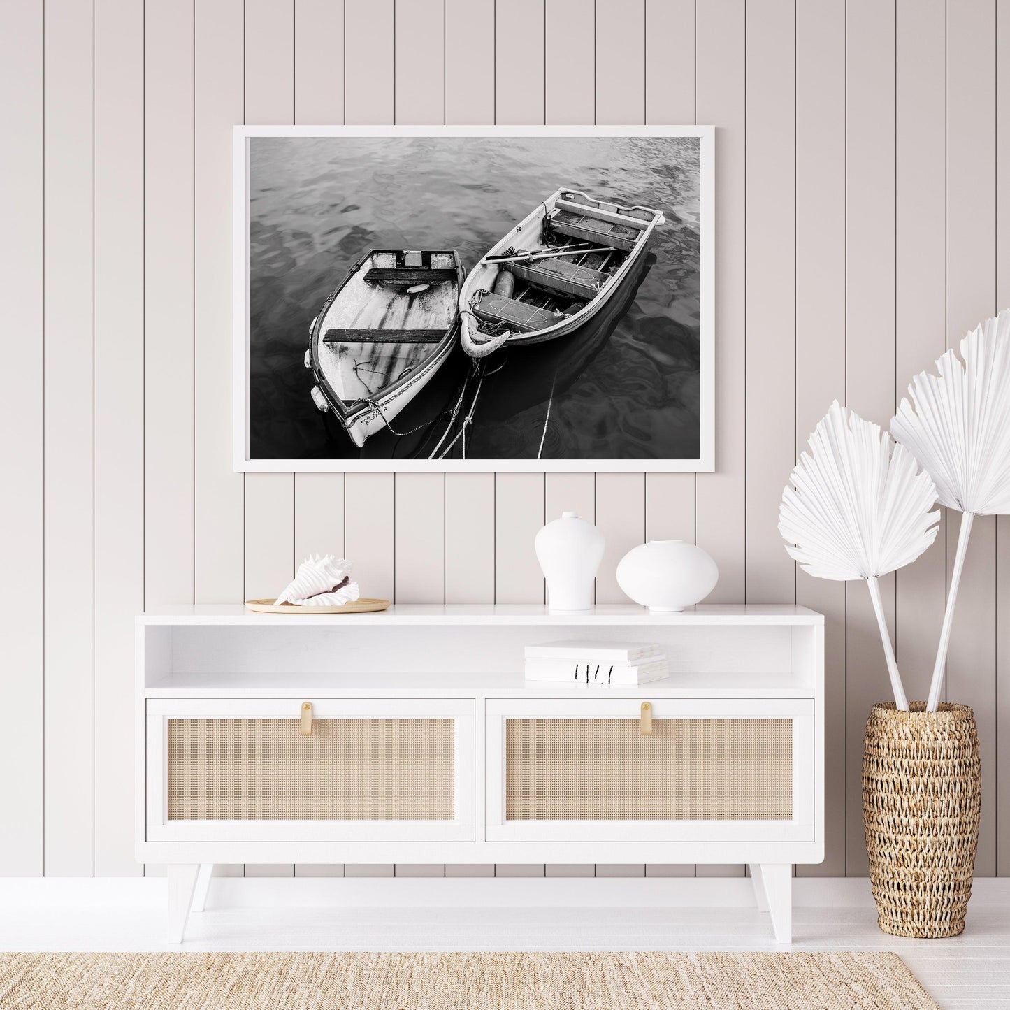 Black and White Wooden Boats Print - Departures Print Shop