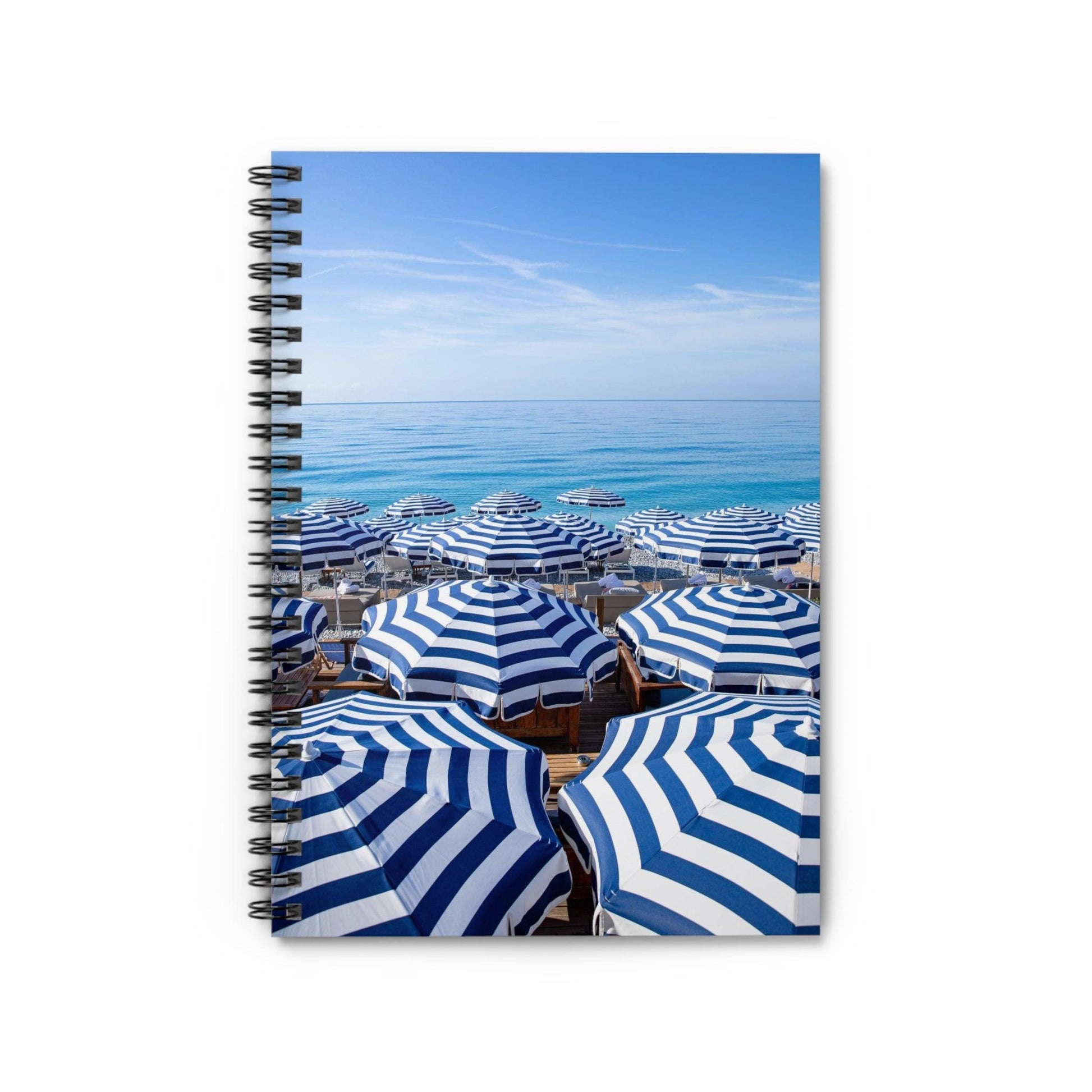 Blue and White Stripe Beach Umbrella Spiral Notebook - Departures Print Shop