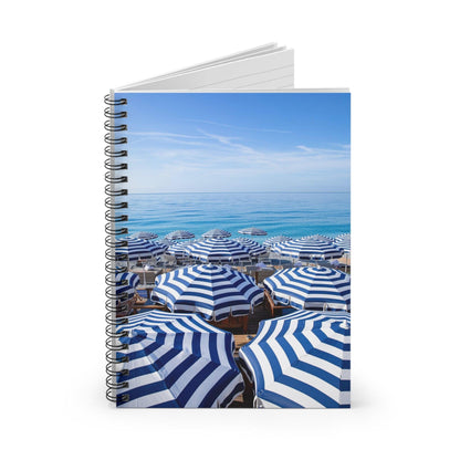 Blue and White Stripe Beach Umbrella Spiral Notebook - Departures Print Shop