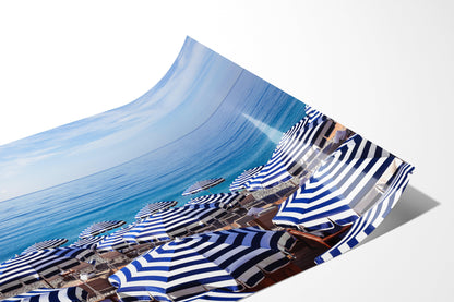 Blue and White Striped Beach Umbrella Photography Print III | French Riviera Photography Print - Departures Print Shop