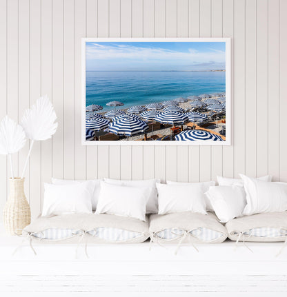 Blue and White Striped Beach Umbrellas IV | French Riviera Photography Print - Departures Print Shop