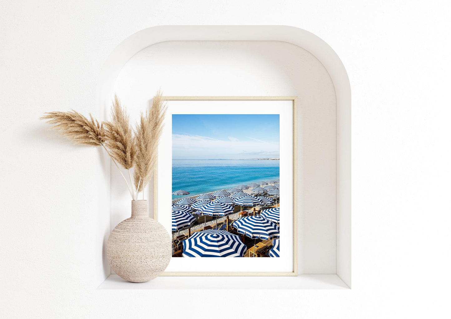 Blue and White Striped Beach Umbrellas V | French Riviera Photography Print - Departures Print Shop