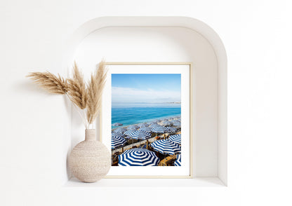 Blue and White Striped Beach Umbrellas V | French Riviera Photography Print - Departures Print Shop