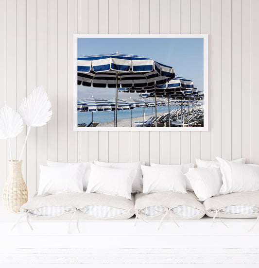 Blue and White Striped Beach Umbrellas VI | French Riviera Photography Print - Departures Print Shop