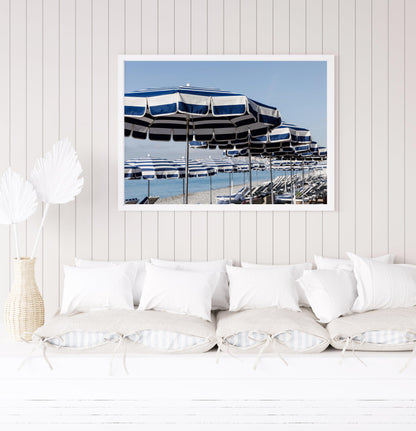 Blue and White Striped Beach Umbrellas VI | French Riviera Photography Print - Departures Print Shop