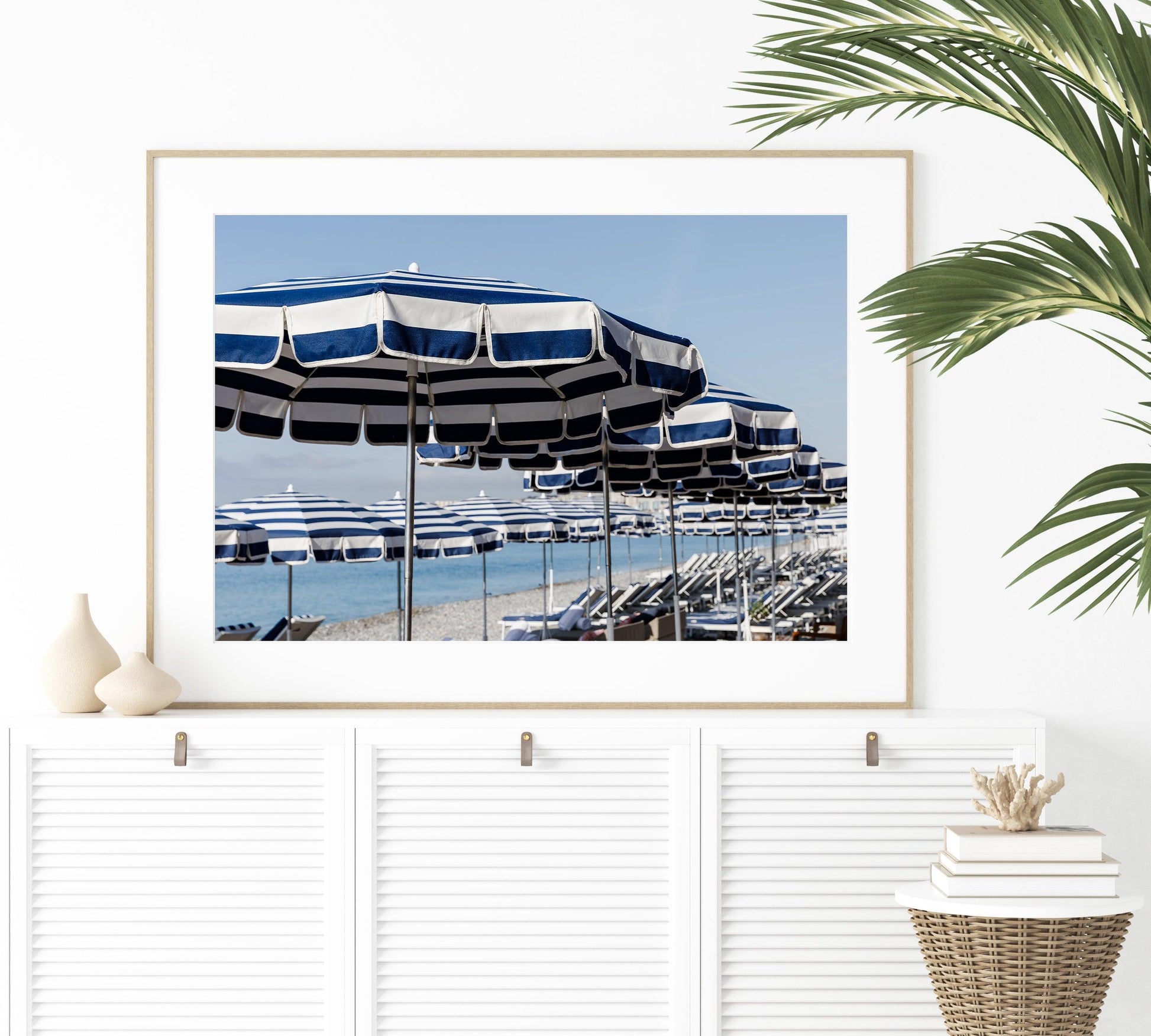 Blue and White Striped Beach Umbrellas VI | French Riviera Photography Print - Departures Print Shop