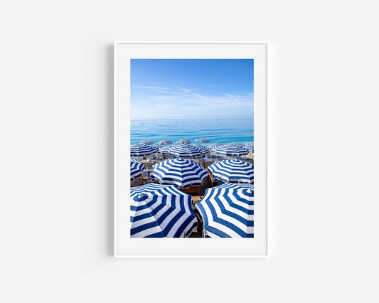 Blue and White Striped Beach Umbrellas II | French Riviera Photography Print - Departures Print Shop