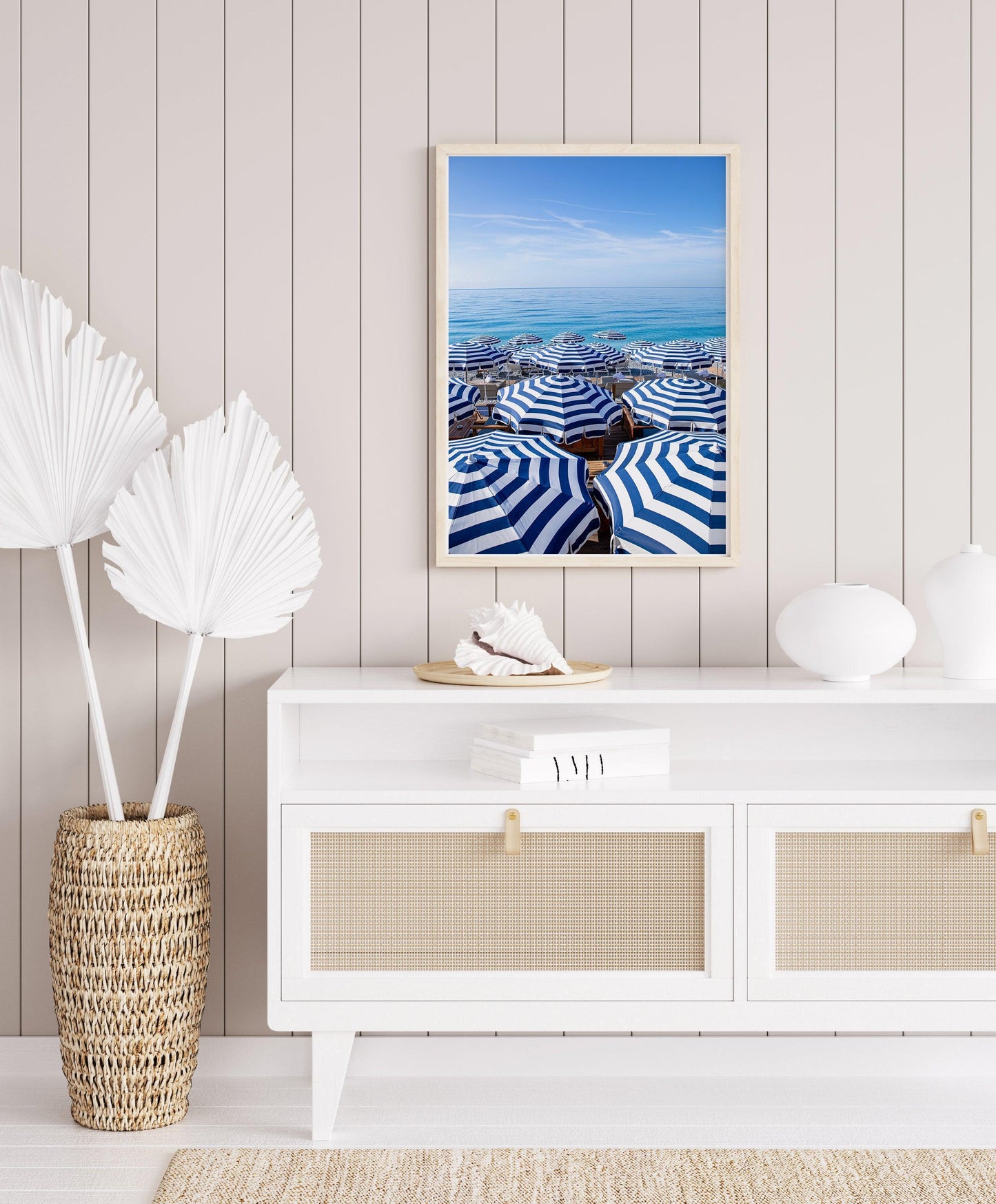 Blue and White Striped Beach Umbrellas II | French Riviera Photography Print - Departures Print Shop