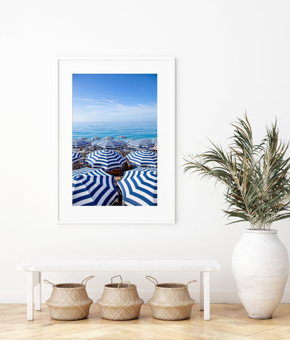 Blue and White Striped Beach Umbrellas II | French Riviera Photography Print - Departures Print Shop