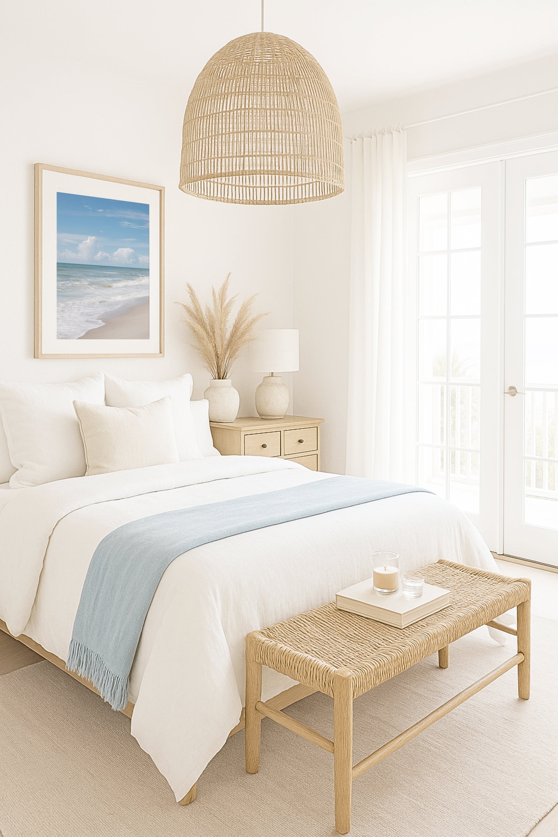 Vertical framed print featuring soft ocean waves and blue sky, photographed at Kure Beach, North Carolina. Ideal for coastal wall decor and minimalist beach interiors.