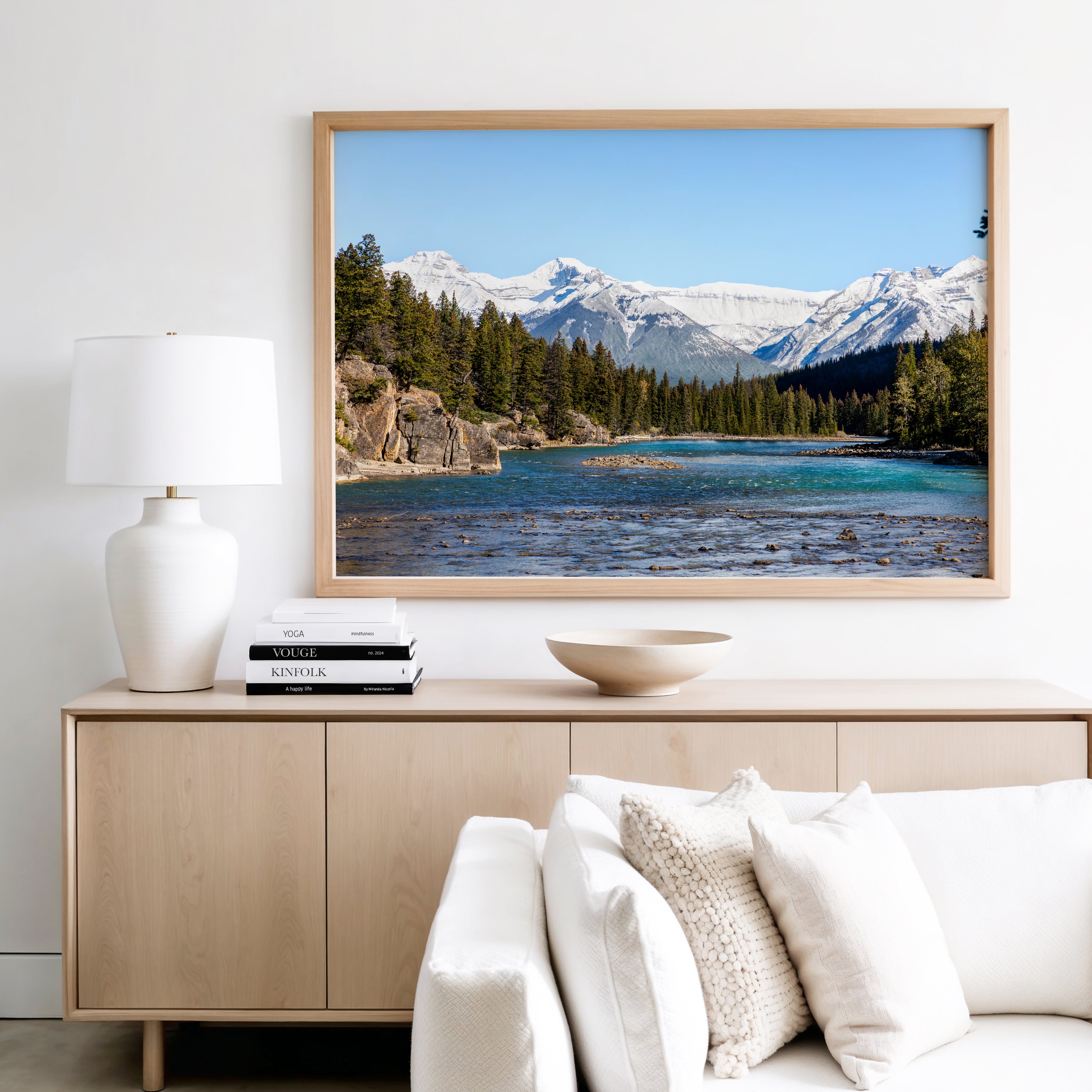 Color nature photography print of the Bow River in Banff National Park, Alberta Canada, with pine trees and snow-covered mountains.