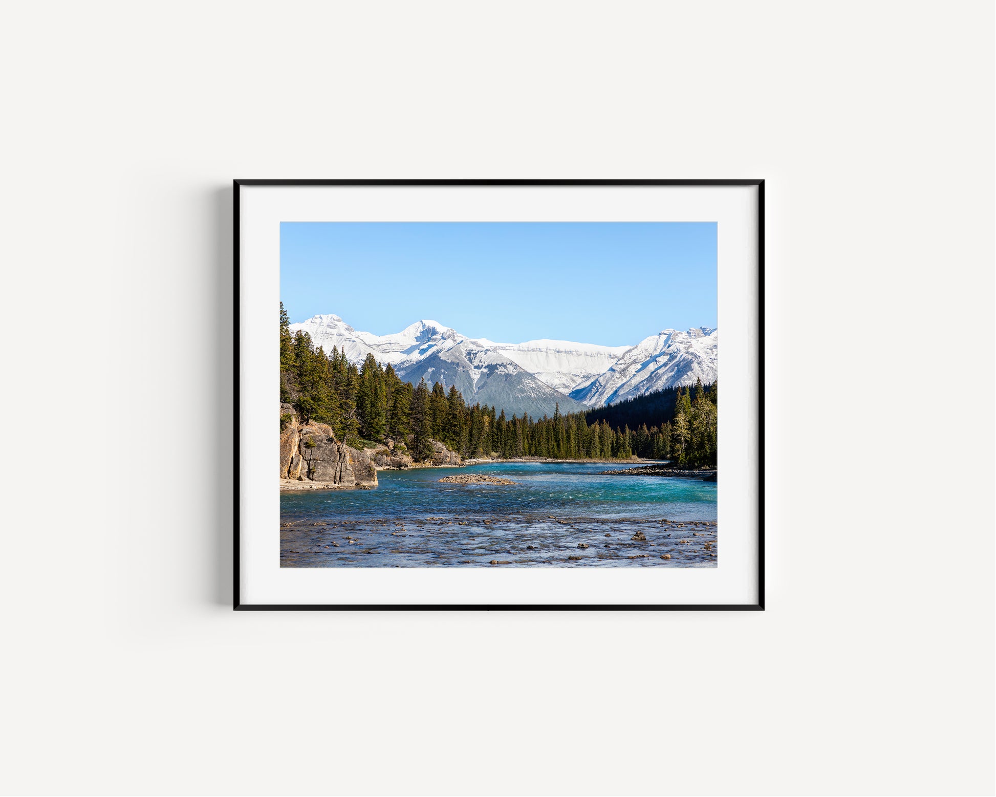 Color nature photography print of the Bow River in Banff National Park, Alberta Canada, with pine trees and snow-covered mountains.