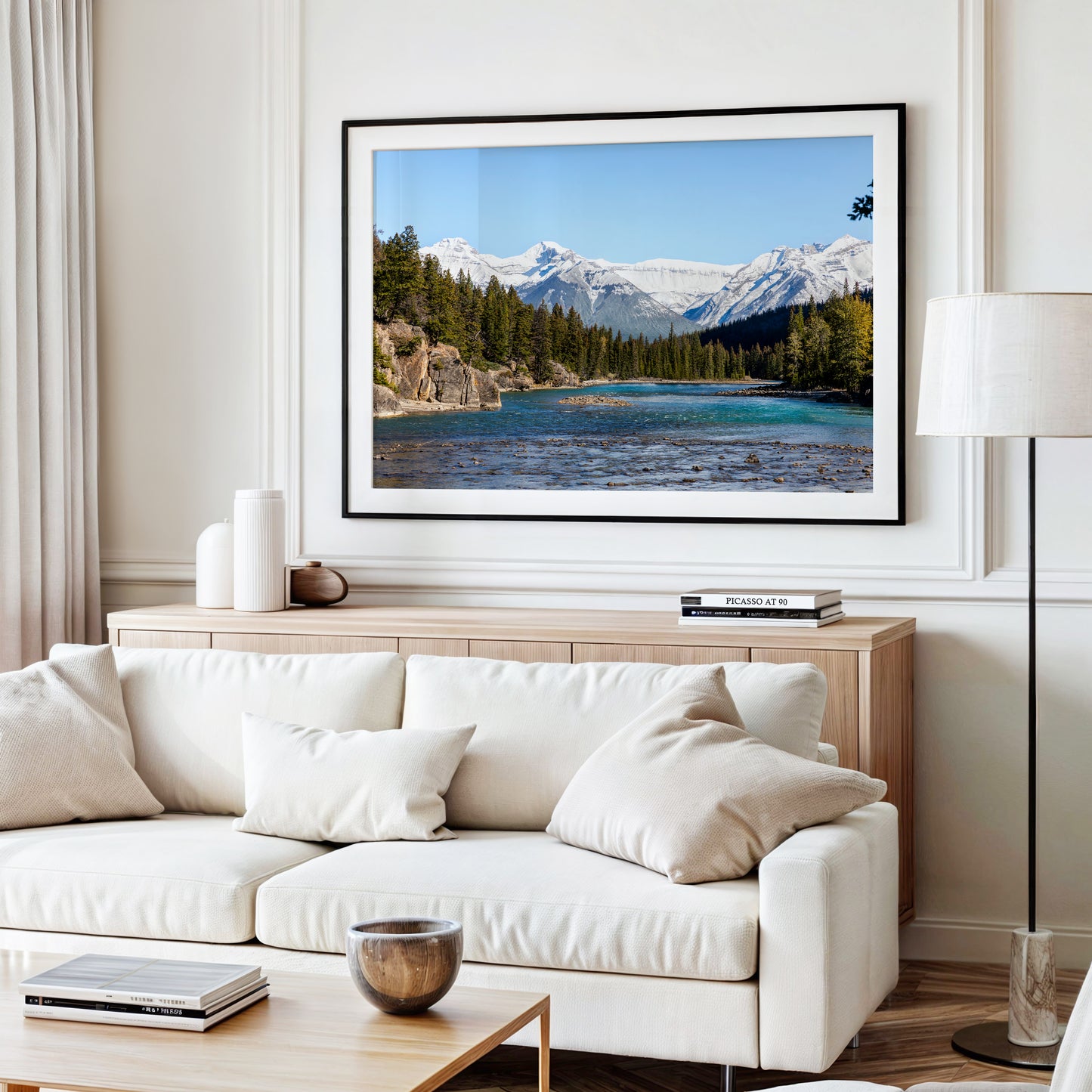 Color nature photography print of the Bow River in Banff National Park, Alberta Canada, with pine trees and snow-covered mountains.
