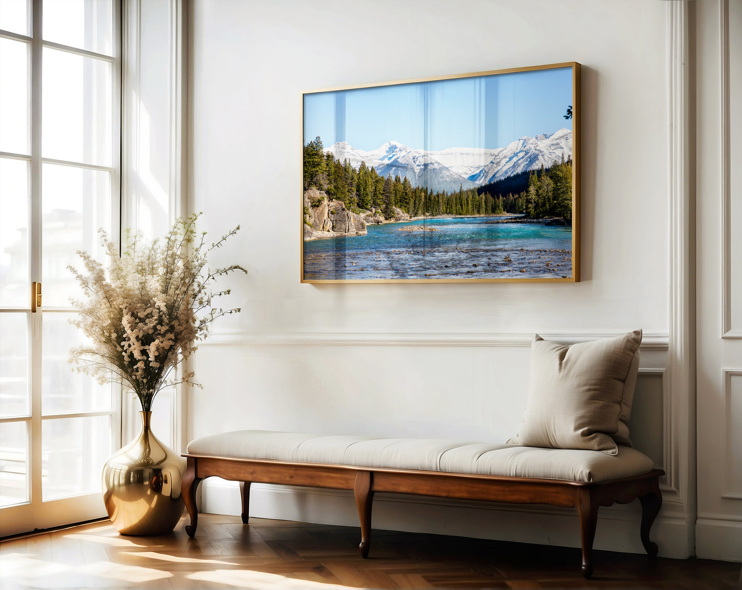 Color nature photography print of the Bow River in Banff National Park, Alberta Canada, with pine trees and snow-covered mountains.