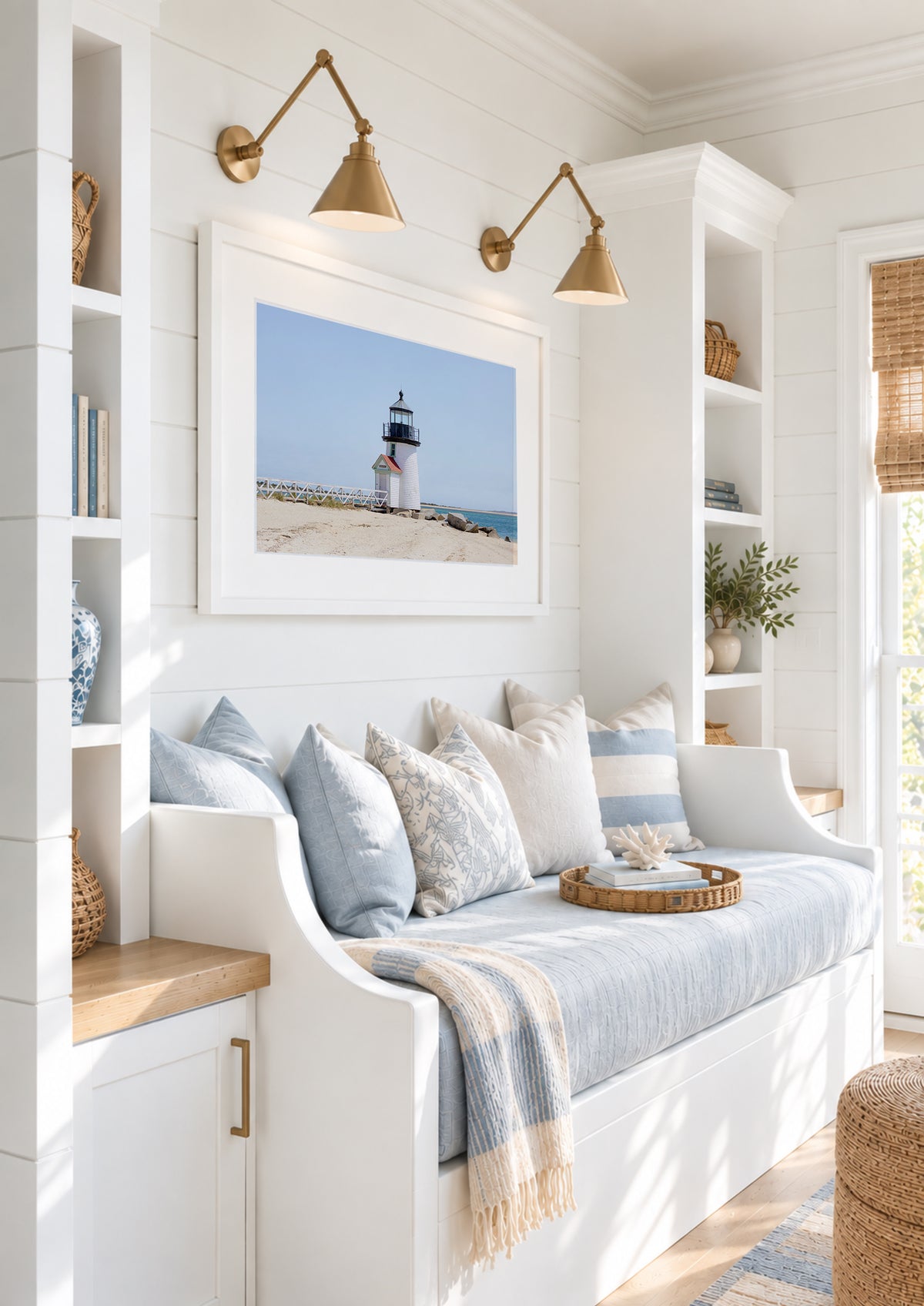 Color fine art photograph of Brant Point Lighthouse on Nantucket shot from the beach, white tower with red-roofed keeper's entrance, white fence boardwalk on the left and harbor water on both sides
