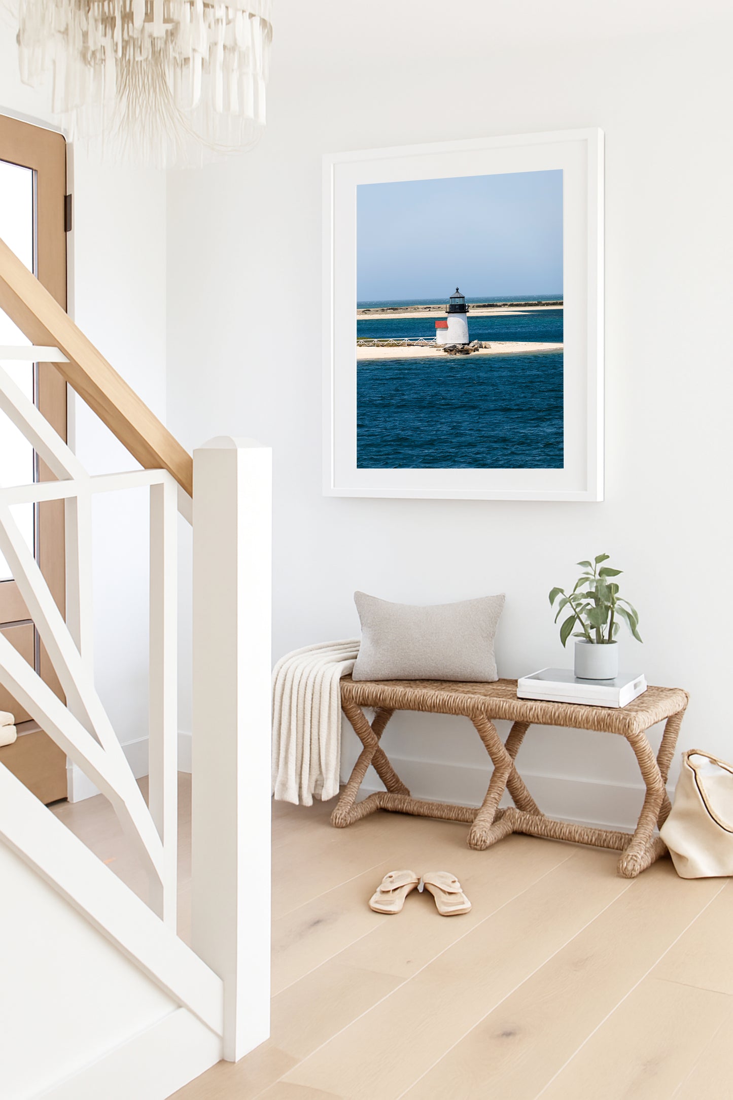 Nantucket Brant Point Lighthouse color photography print — white lighthouse on sandy harbor point, deep blue ocean, coastal New England wall art for beach house or living room