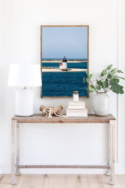 Nantucket Brant Point Lighthouse color photography print — white lighthouse on sandy harbor point, deep blue ocean, coastal New England wall art for beach house or living room