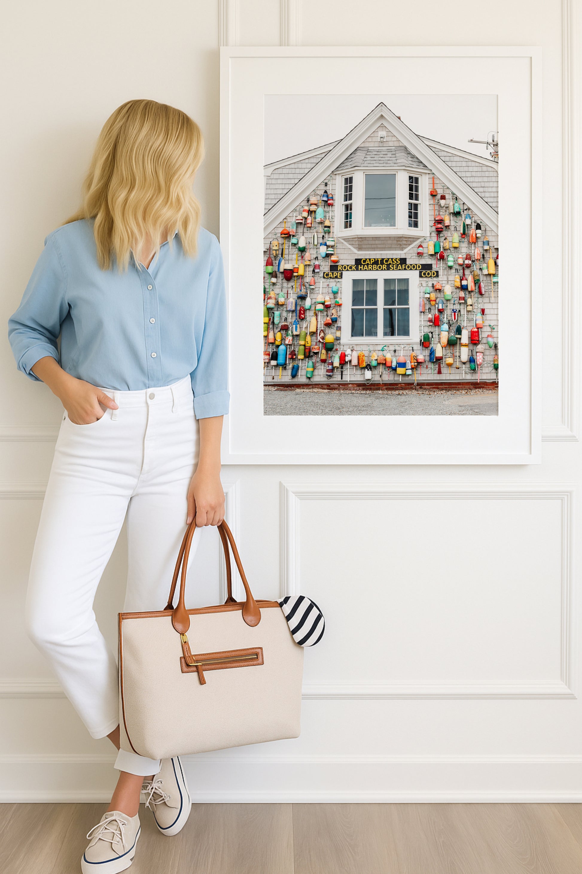 Photograph of a Cape Cod seafood shack covered in colorful fishing buoys, perfect for coastal wall decor and beach cottage interiors