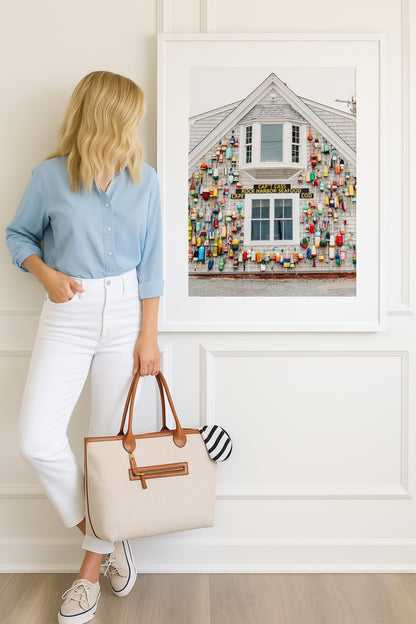 Photograph of a Cape Cod seafood shack covered in colorful fishing buoys, perfect for coastal wall decor and beach cottage interiors