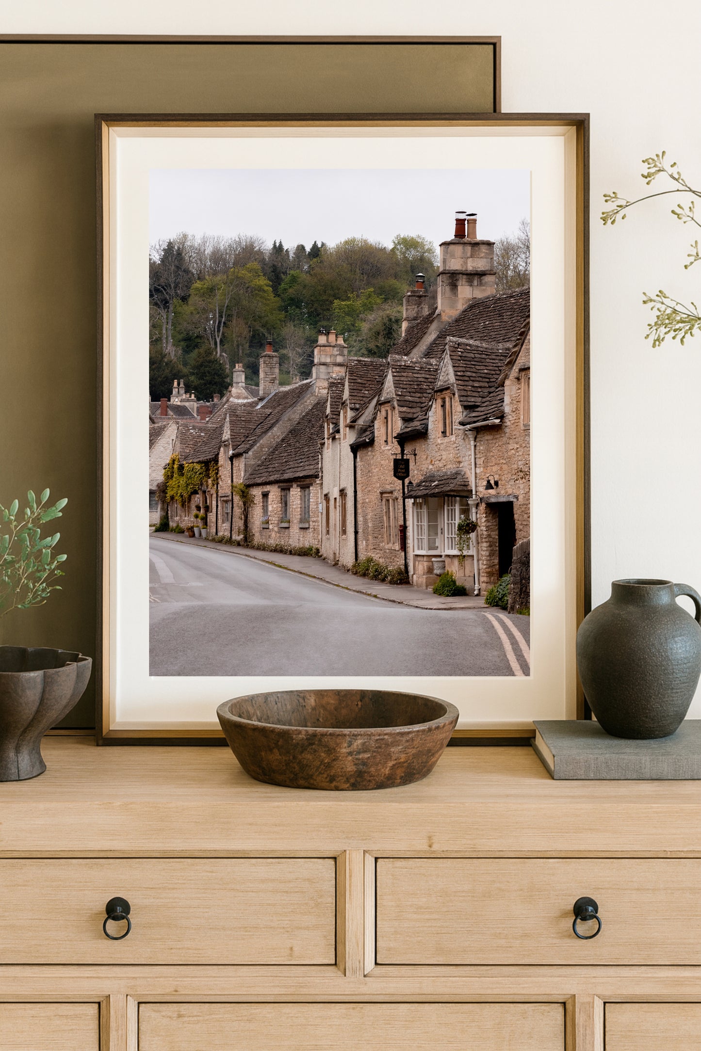 Castle Combe print showing English countryside village with rustic architecture in Cotswolds England, ideal for large wall art and cozy wall decor
