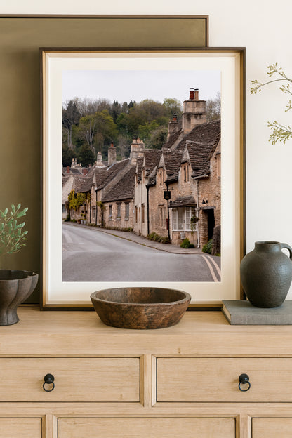 Castle Combe print showing English countryside village with rustic architecture in Cotswolds England, ideal for large wall art and cozy wall decor
