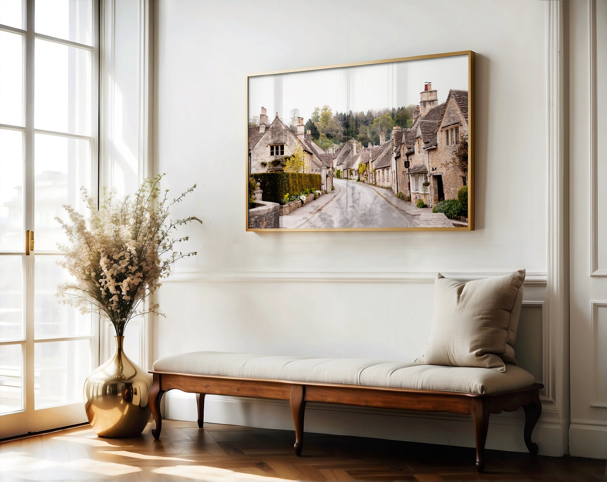 Photography print of Castle Combe village in the Cotswolds England featuring historic stone cottages and winding road