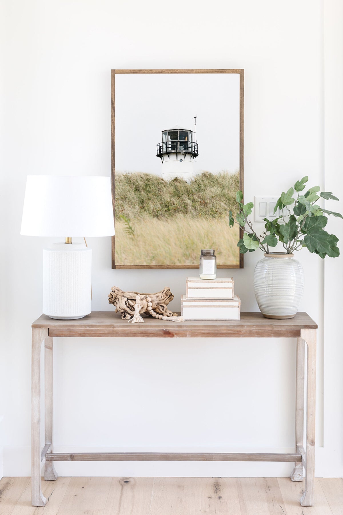 Chatham Lighthouse Cape Cod photography print, lighthouse lantern room peeking above wild dune grass, coastal New England wall art for beach house, living room, or cottage
