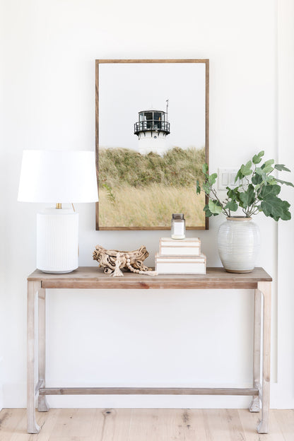 Chatham Lighthouse Cape Cod photography print, lighthouse lantern room peeking above wild dune grass, coastal New England wall art for beach house, living room, or cottage