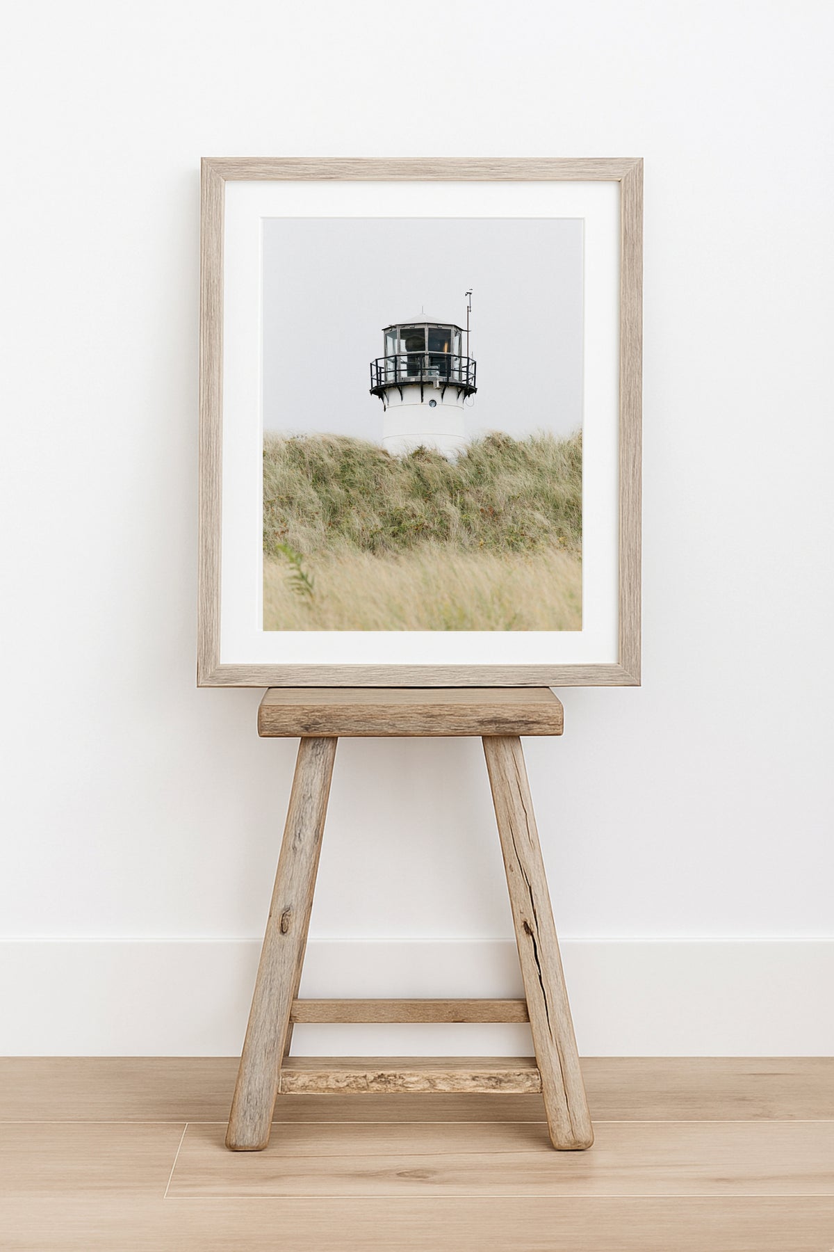 Chatham Lighthouse Cape Cod photography print, lighthouse lantern room peeking above wild dune grass, coastal New England wall art for beach house, living room, or cottage