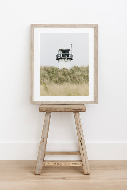 Chatham Lighthouse Cape Cod photography print, lighthouse lantern room peeking above wild dune grass, coastal New England wall art for beach house, living room, or cottage