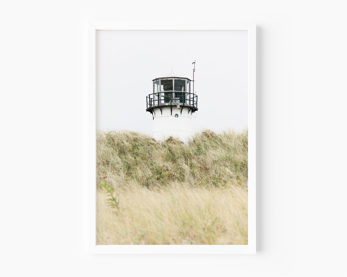 Chatham Lighthouse Cape Cod photography print, lighthouse lantern room peeking above wild dune grass, coastal New England wall art for beach house, living room, or cottage