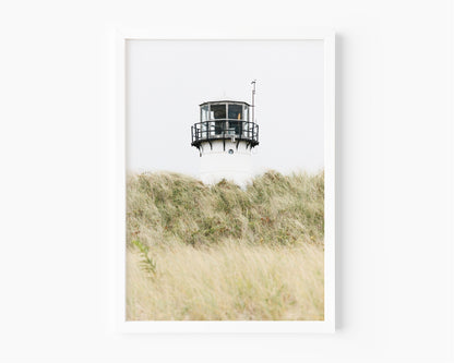 Chatham Lighthouse Cape Cod photography print, lighthouse lantern room peeking above wild dune grass, coastal New England wall art for beach house, living room, or cottage