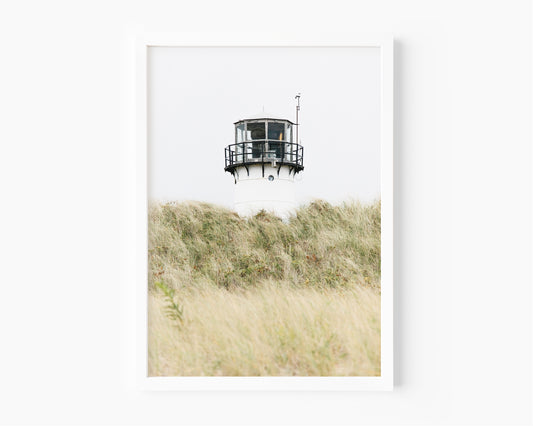 Chatham Lighthouse Cape Cod photography print, lighthouse lantern room peeking above wild dune grass, coastal New England wall art for beach house, living room, or cottage