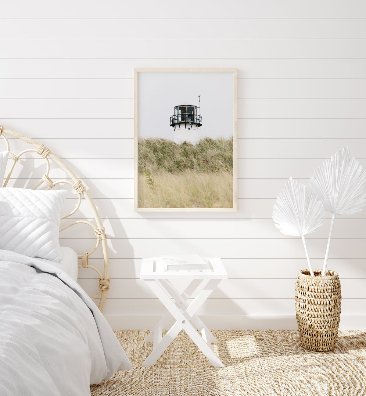 Chatham Lighthouse Cape Cod photography print, lighthouse lantern room peeking above wild dune grass, coastal New England wall art for beach house, living room, or cottage